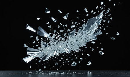 Shattered glass explodes against a black backgroundの素材