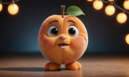 A cute, cartoon apricot with big eyes and a happy expression stands on a wooden surface with warm lights in the backgroundの素材