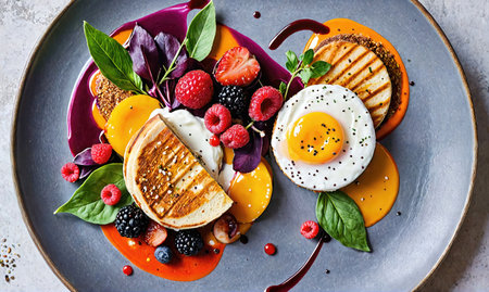 A plated breakfast with grilled bread, a fried egg, berries, and saucesの素材