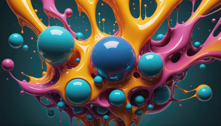 Pink and yellow paint splatters with blue spheres in the centerの素材