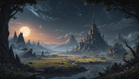 A large, dark castle sits atop a rocky mountain in a fantastical landscape under a full moonの素材