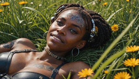 A woman with dreadlocks and a floral tattoo lays in a field of tall grass and yellow flowersの素材
