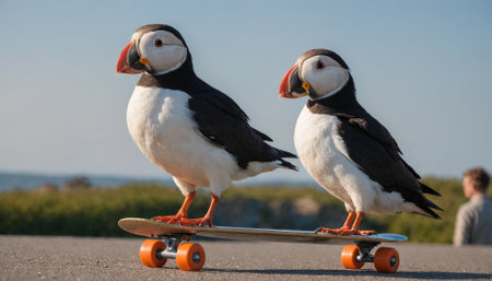 Two puffins stand on a skateboard on a sunny dayの素材