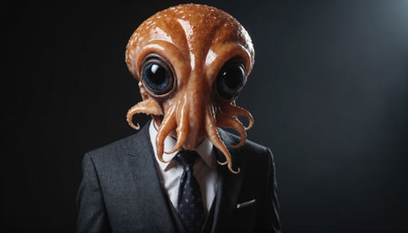 A person wearing an octopus head is dressed in a suit and tieの素材