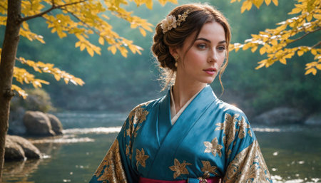 A woman in a blue and gold kimono stands near a river in the forestの素材