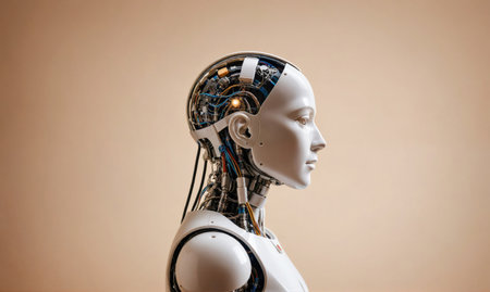 A robotic head with visible wiring and circuitry stands against a light brown backgroundの素材