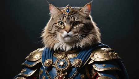 A fluffy cat dressed in golden armor and a jeweled crown stares directly at the cameraの素材