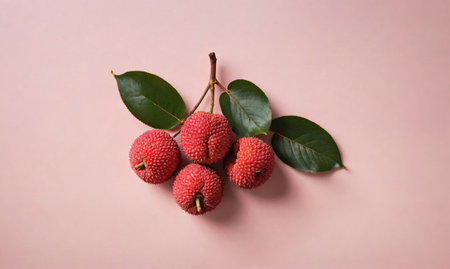 A cluster of ripe lychees with green leaves on a pink backgroundの素材