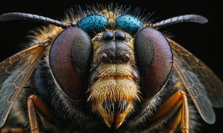 A close-up of a bee with bright blue eyes and a fuzzy faceの素材