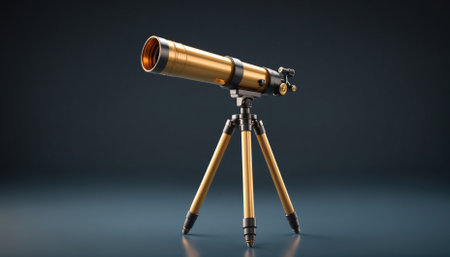 A gold telescope is mounted on a tripod, pointed towards the right, in front of a blue backgroundの素材