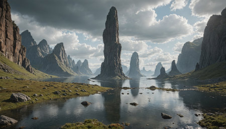 A tall, rocky spire rises above a still lake in a mountainous landscapeの素材