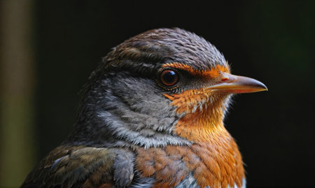 A close-up of a small bird with gray and orange feathers, looking to the rightの素材