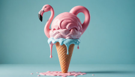 A pink flamingo ice cream cone melts on a blue backgroundの素材