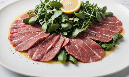 A plate of thinly sliced beef served with greens and a lemon wedgeの素材
