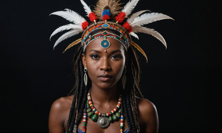 A woman with long, dark hair wears a traditional headdress with feathers and beadsの素材