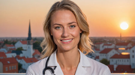 A smiling doctor stands on a rooftop overlooking a city at sunsetの素材