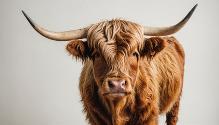 A Highland cow with long horns and a shaggy coat stands in front of a white backgroundの素材