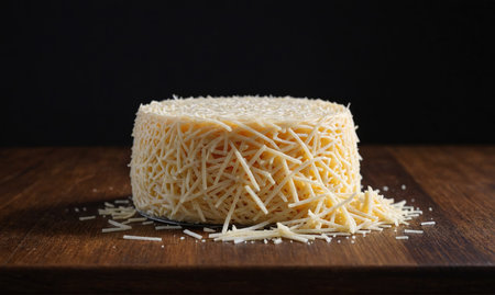 A round cheese wheel covered in shredded cheese sits on a wooden cutting boardの素材