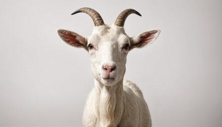 A white goat stares directly at the camera with a curious expression, its brown horns curving upward against a plain white backgroundの素材