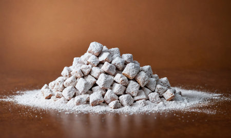 A pile of powdered sugar cookies sits on a brown surfaceの素材