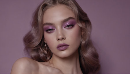A young woman poses elegantly with soft, flowing hair and artistic makeup, featuring purple tones. The backdrop highlights her features, creating a captivating visual.の素材