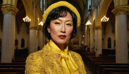 A woman dressed in vibrant yellow attire stands confidently inside an old church. The elegant architecture enhances her striking look, showcasing bold makeup and a unique ensemble.の素材