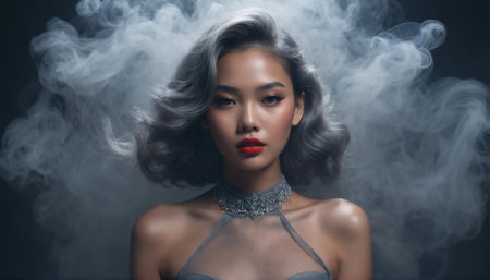 A woman with striking silver hair and elegant makeup stands confidently, surrounded by ethereal smoke that adds an intriguing ambiance to the moment captured.の素材