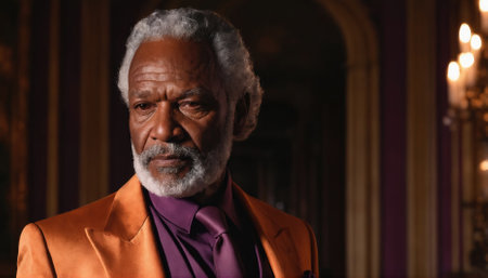 A distinguished older man with gray hair is dressed in a striking orange suit and purple shirt, reflecting on deeper thoughts in a lavishly decorated hall with warm lighting.の素材
