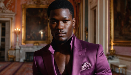 A well-dressed man stands confidently in an opulent room featuring intricate decorations. His striking purple suit, complete with a pocket square, showcases his bold fashion sense.の素材