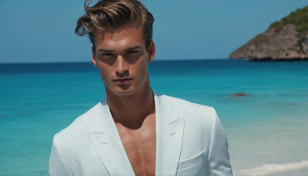A man in a light-colored suit stands confidently on a beautiful beach, with turquoise waters and a clear sky in the background. The sun shines brightly, highlighting the serene surroundings.の素材