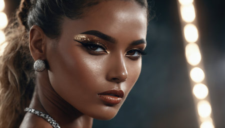 The model showcases stunning makeup featuring bold eyes and shimmering highlights. The glamorous setup highlights her charisma under bright studio lights, creating a captivating atmosphere.の素材