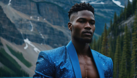 A well-dressed man stands in a shimmering blue suit against a backdrop of majestic mountains and lush trees. The setting sun casts a warm glow, adding to the stunning scenery.の素材