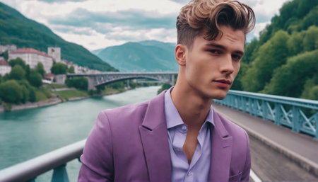 A young man wearing a tailored purple suit stands confidently on a bridge. The backdrop features a tranquil river, rolling hills, and cloudy skies, creating a striking visual.の素材