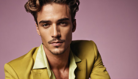 A male model poses confidently in a bright yellow suit with a light green shirt, exuding charm against a soft pastel backdrop during a fashion-centered photoshoot.の素材