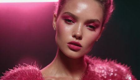 The model showcases bold makeup with striking pink hues while posing confidently against a dark backdrop illuminated by bright pink lights. The focus is on her expressive facial features.の素材
