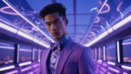 A young man in a sharp, fitted suit stands in a futuristic space, illuminated by colorful neon lights. He gazes directly at the camera, exuding confidence and style.の素材