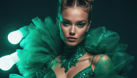 The model poses confidently, adorned in a striking green ensemble featuring a voluminous ruffled design. The dramatic lighting enhances the vivid colors, creating a visually captivating effect.の素材