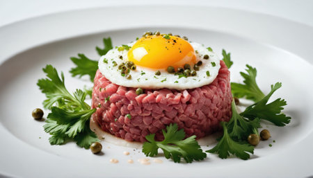 A culinary dish featuring finely chopped raw beef garnished with a fried egg, fresh cilantro, and capers, beautifully arranged on a white plate.の素材