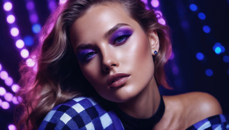 A model poses confidently with bold purple eye makeup and wavy hair. The background features dynamic lights that enhance the fashion atmosphere at an evening event.の素材