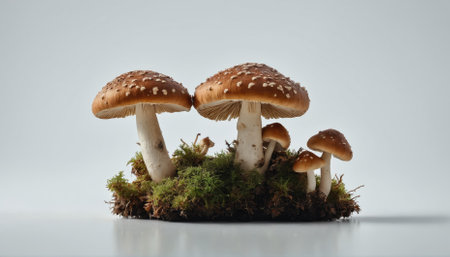 A cluster of mushrooms featuring distinct caps and stems stands atop lush green moss. The arrangement showcases the natural beauty and textures of both mushrooms and moss in a serene setting.の素材