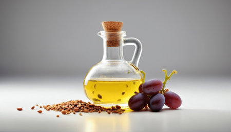A glass bottle of olive oil sits beside a cluster of grapes and scattered seeds. The arrangement features a minimalist style highlighting natural ingredients.の素材