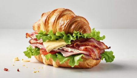The croissant sandwich showcases layers of crispy bacon, fresh lettuce, and melted cheese nestled between flaky pastry layers, appealingly arranged on a clean countertop.の素材