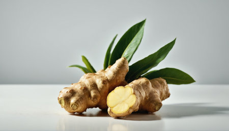 A pair of fresh ginger roots sits alongside lush green leaves on a light-colored surface. The ginger's texture and bright yellow interior highlight its culinary uses and health benefits.の素材