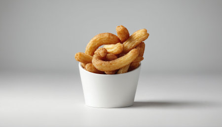 A white cup filled with golden-brown churros sits on a simple, light backdrop. The churros are crispy and twisted, inviting a delightful indulgence.の素材