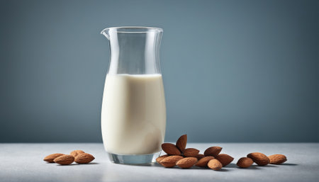 Almond milk is poured into a clear glass pitcher, sitting on a gray surface with scattered raw almonds. The background is a soft, muted color, enhancing the fresh appearance of the setup.の素材