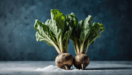 Two fresh turnips with vibrant green leaves are placed on a surface sprinkled with salt, showcasing their earthy colors and textures against a dark backdrop.の素材