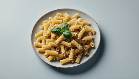 Twists of pasta are presented on a round beige plate, topped with a sprig of fresh basil. The setting features soft lighting on a light surface, creating a calm atmosphere.の素材