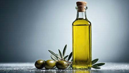 Bright green olives sit next to a glass bottle filled with golden olive oil, highlighting the natural beauty of healthy ingredients ideal for cooking and dressing salads.の素材