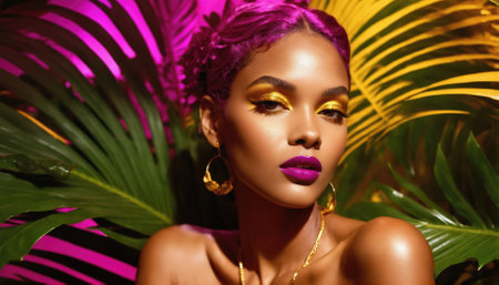 The model stands confidently with striking purple hair and bold makeup featuring yellow eyeshadow and deep purple lips. Tropical leaves frame her, enhancing the vibrant atmosphere of a fashion event.の素材