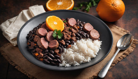 A hearty meal featuring a mix of black beans and rice topped with slices of sausage and an orange wedge, served on a dark plate with a rustic table setting.の素材